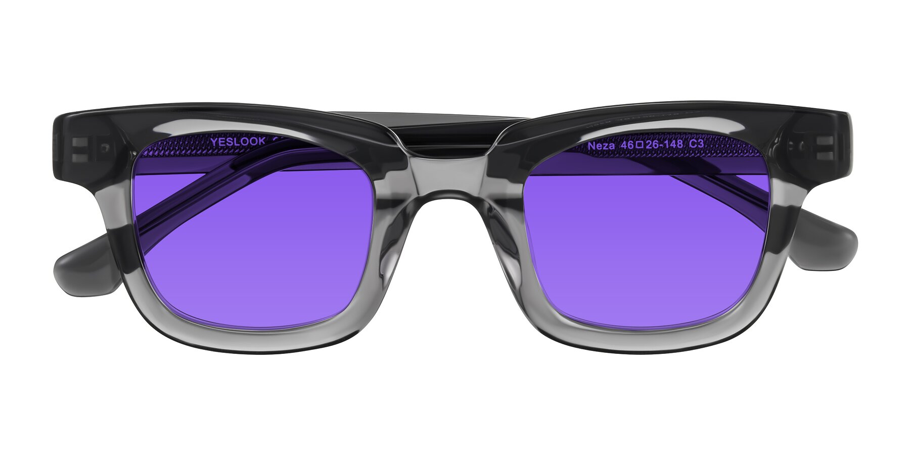 Folded Front of Neza in Dark Gray with Purple Tinted Lenses