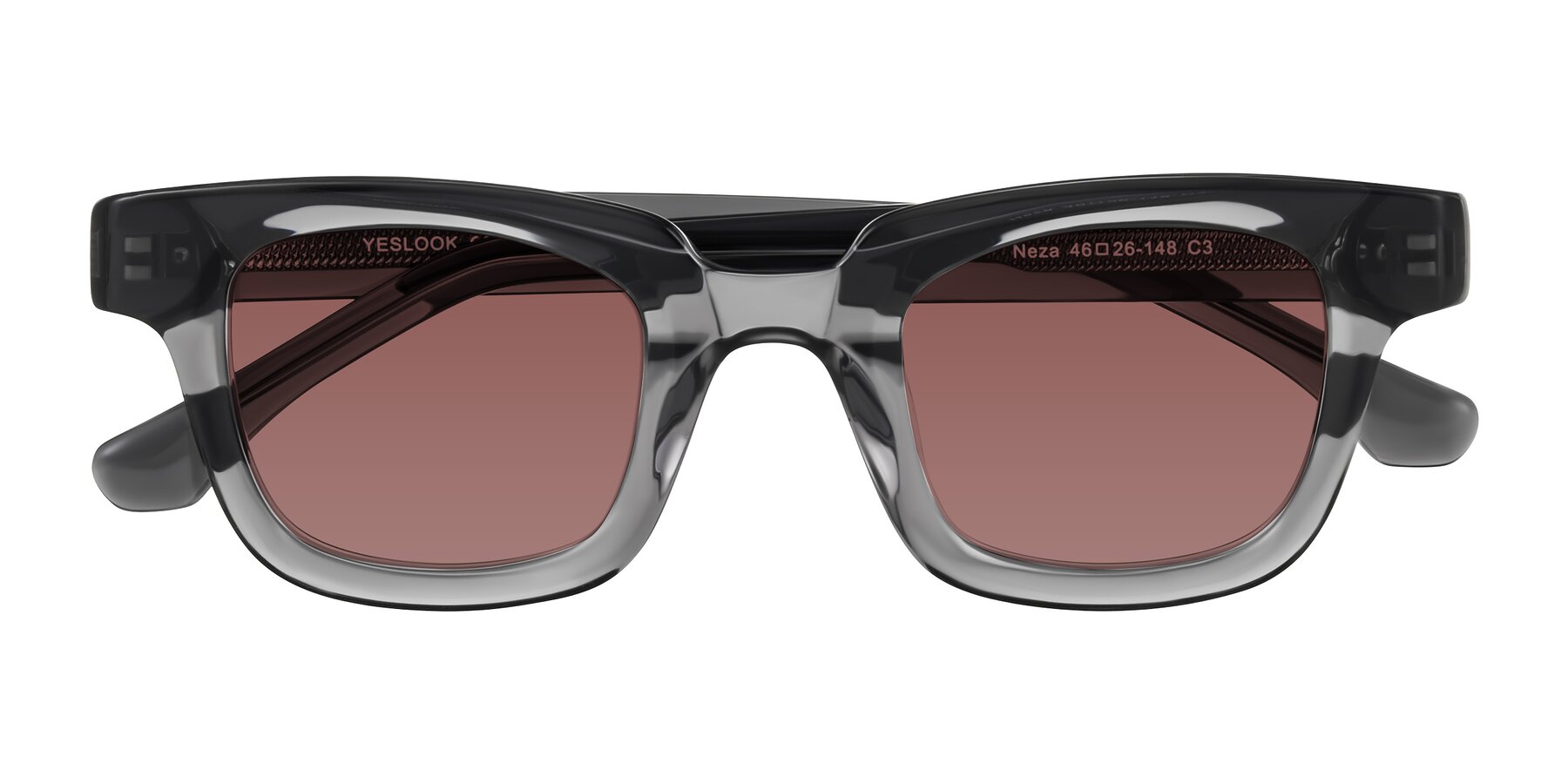 Folded Front of Neza in Dark Gray with Garnet Tinted Lenses