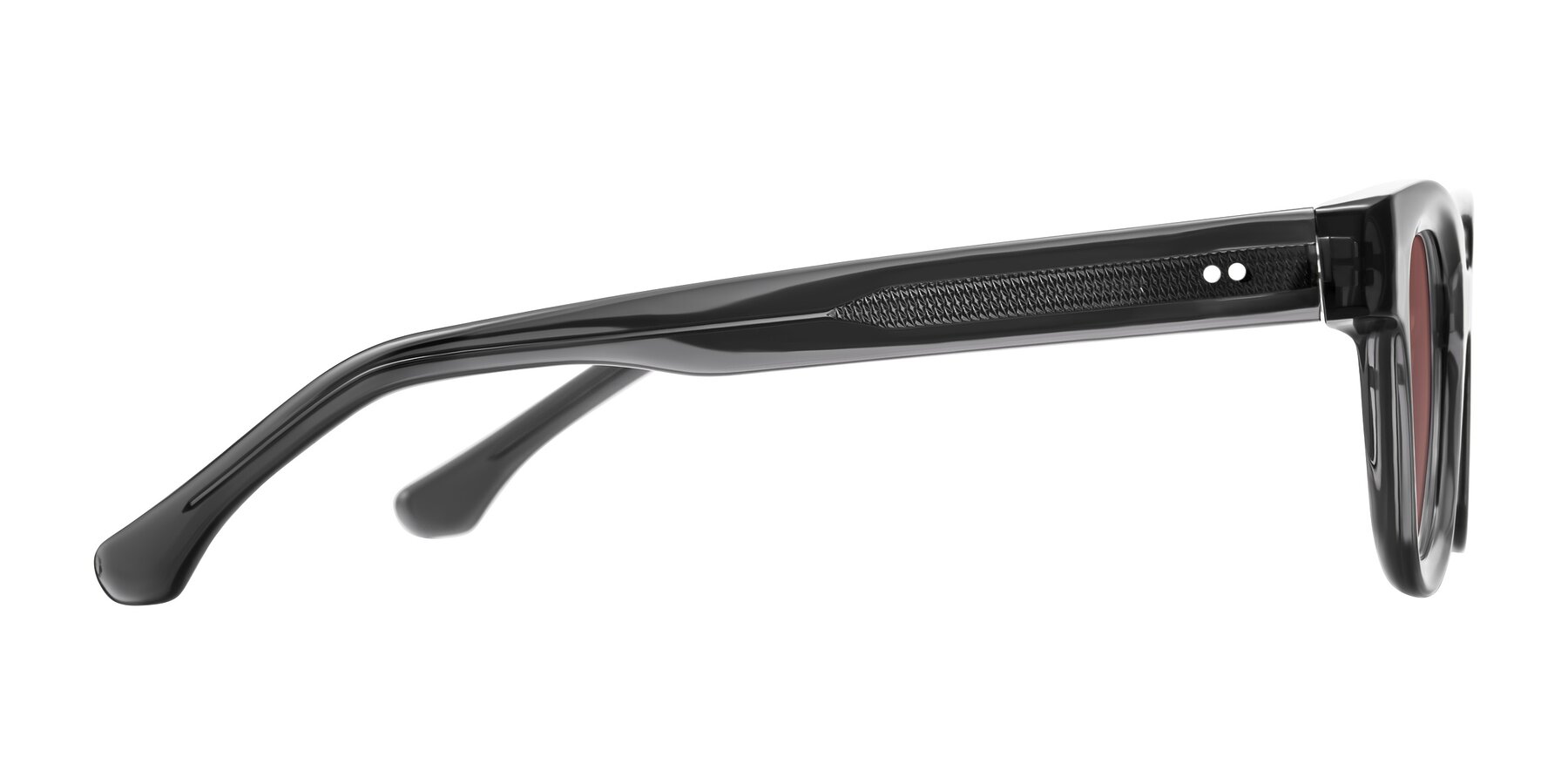 Side of Neza in Dark Gray with Garnet Tinted Lenses