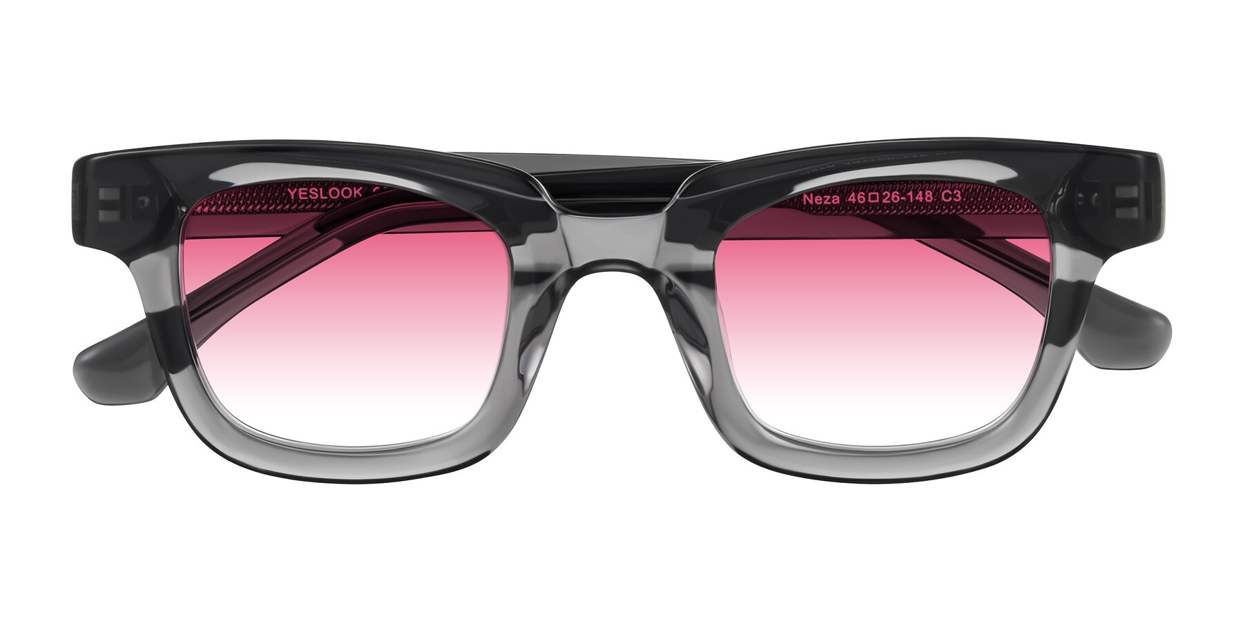 Folded Front of Neza in Dark Gray with Pink Gradient Lenses