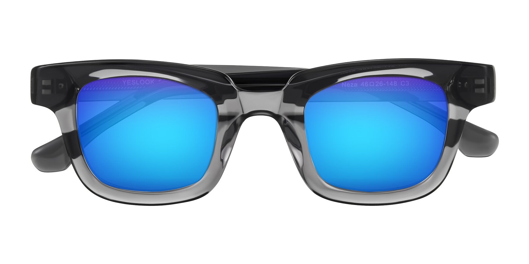 Folded Front of Neza in Dark Gray with Blue Mirrored Lenses