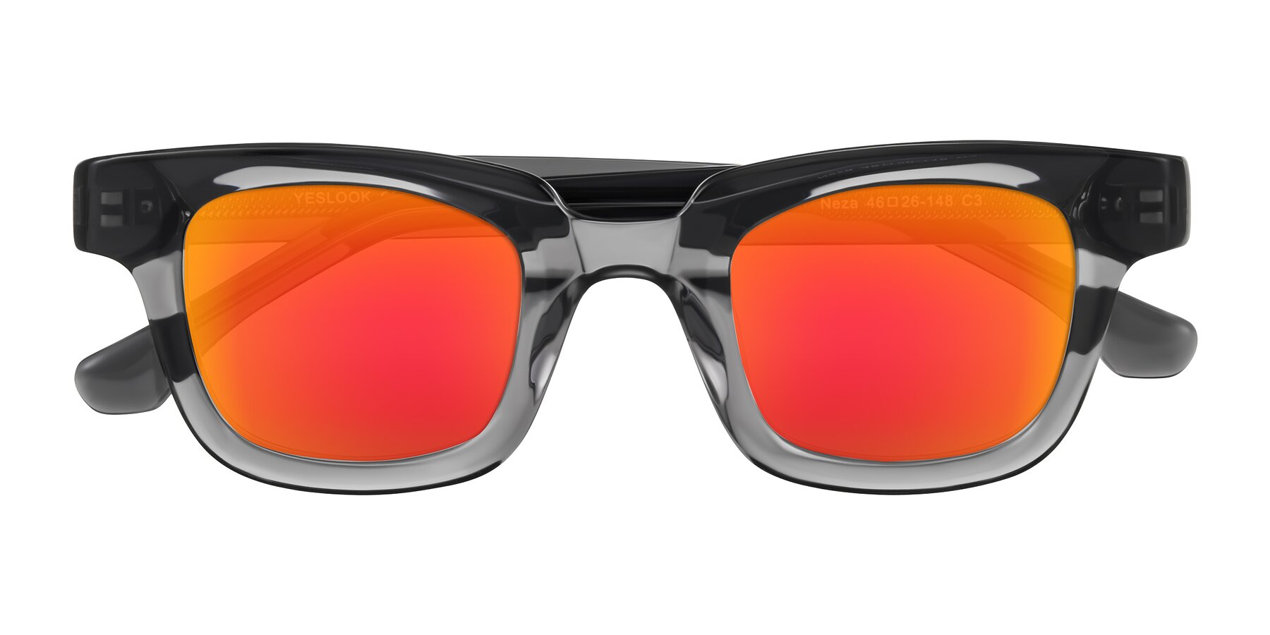 Folded Front of Neza in Dark Gray with Red Gold Mirrored Lenses