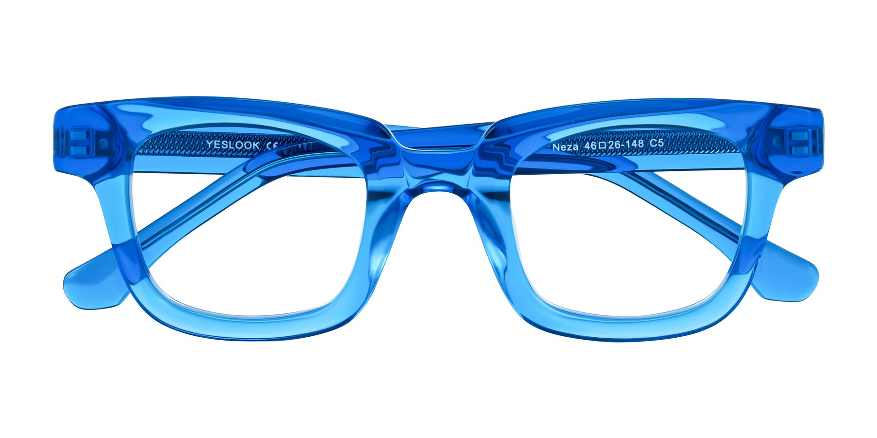 Folded Front of Neza in Blue with Clear Reading Eyeglass Lenses
