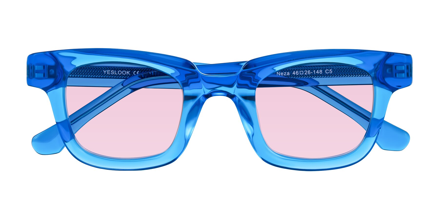 Folded Front of Neza in Blue with Light Pink Tinted Lenses
