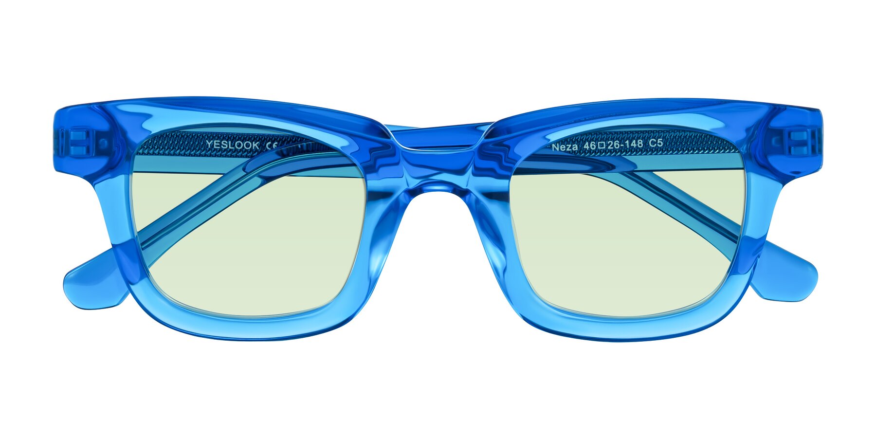 Folded Front of Neza in Blue with Light Green Tinted Lenses