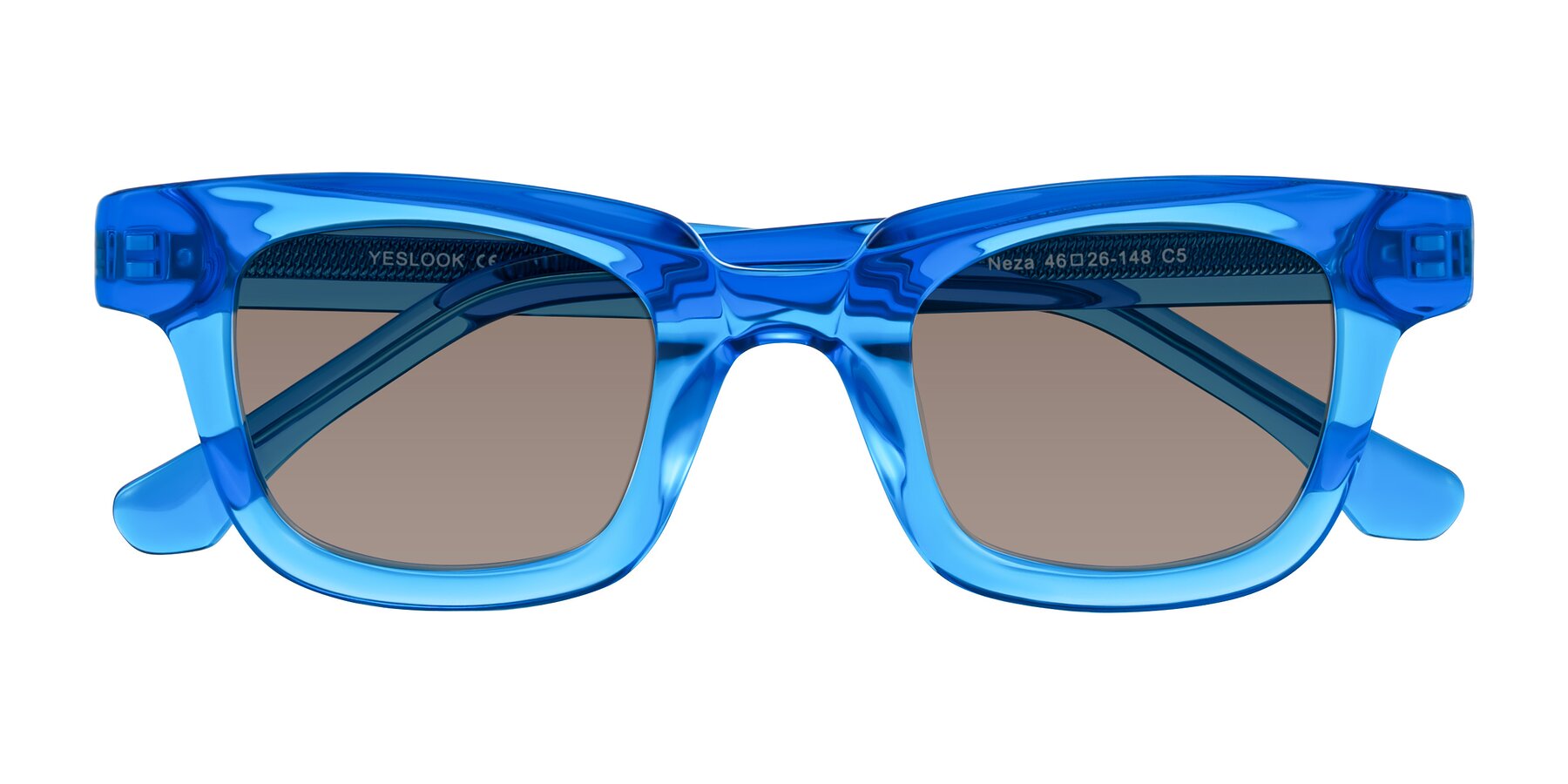Folded Front of Neza in Blue with Medium Brown Tinted Lenses