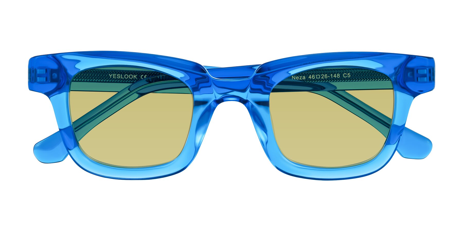 Folded Front of Neza in Blue with Medium Champagne Tinted Lenses