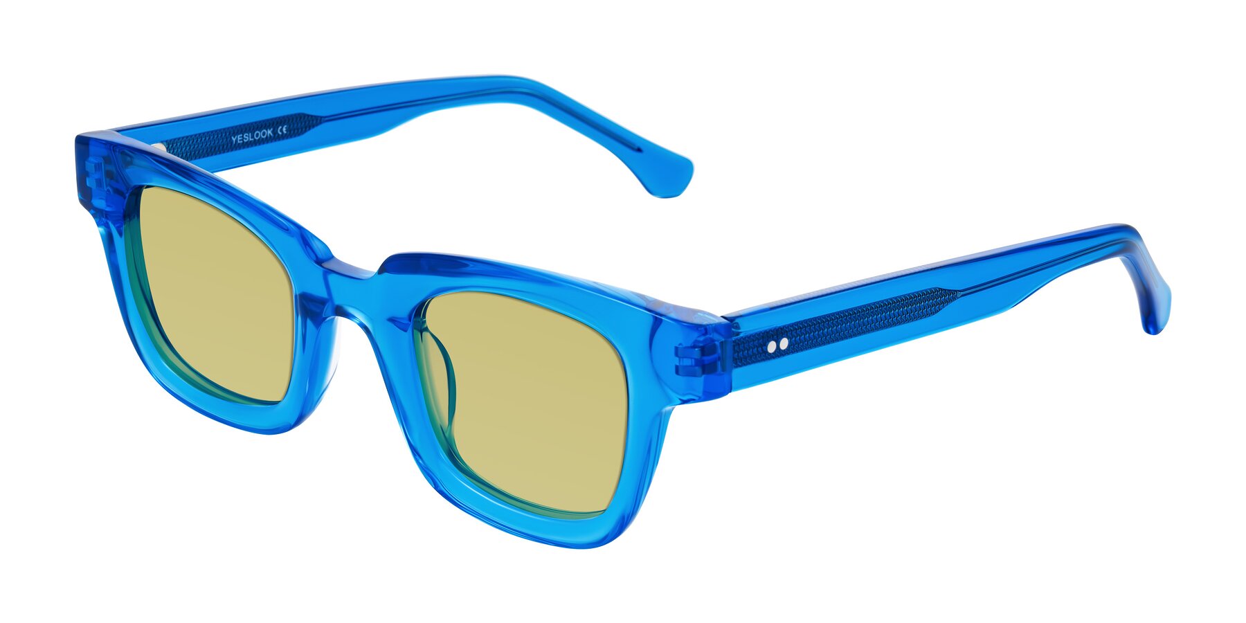 Angle of Neza in Blue with Medium Champagne Tinted Lenses