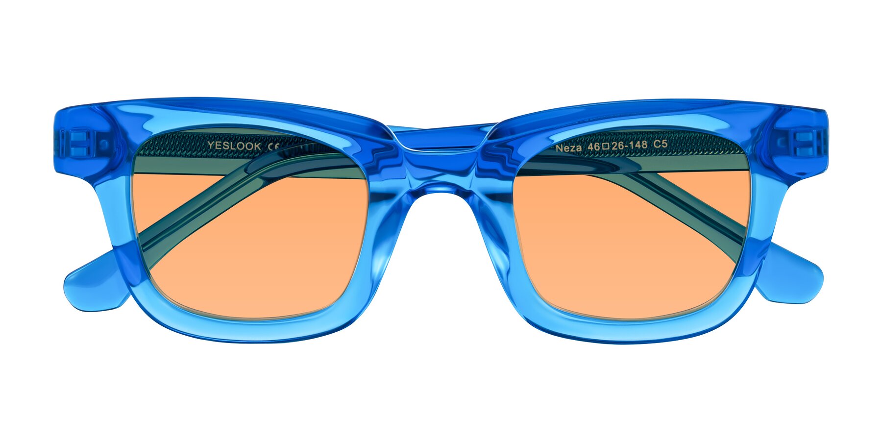 Folded Front of Neza in Blue with Medium Orange Tinted Lenses