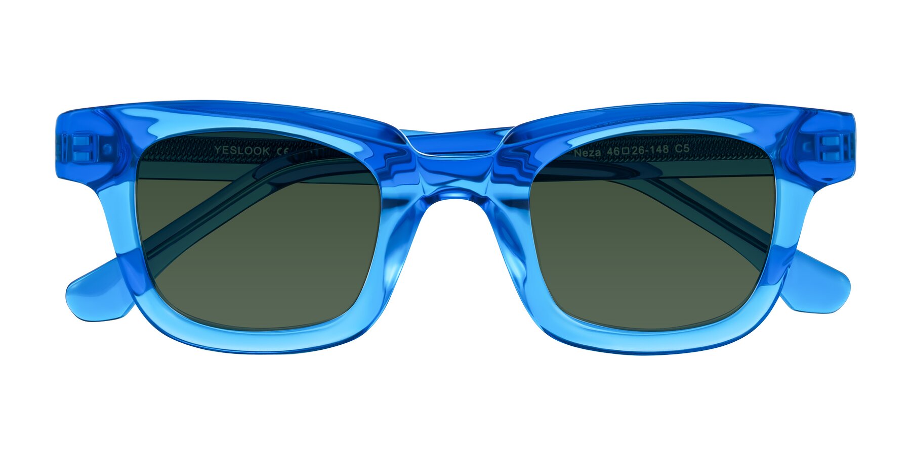 Folded Front of Neza in Blue with Green Tinted Lenses