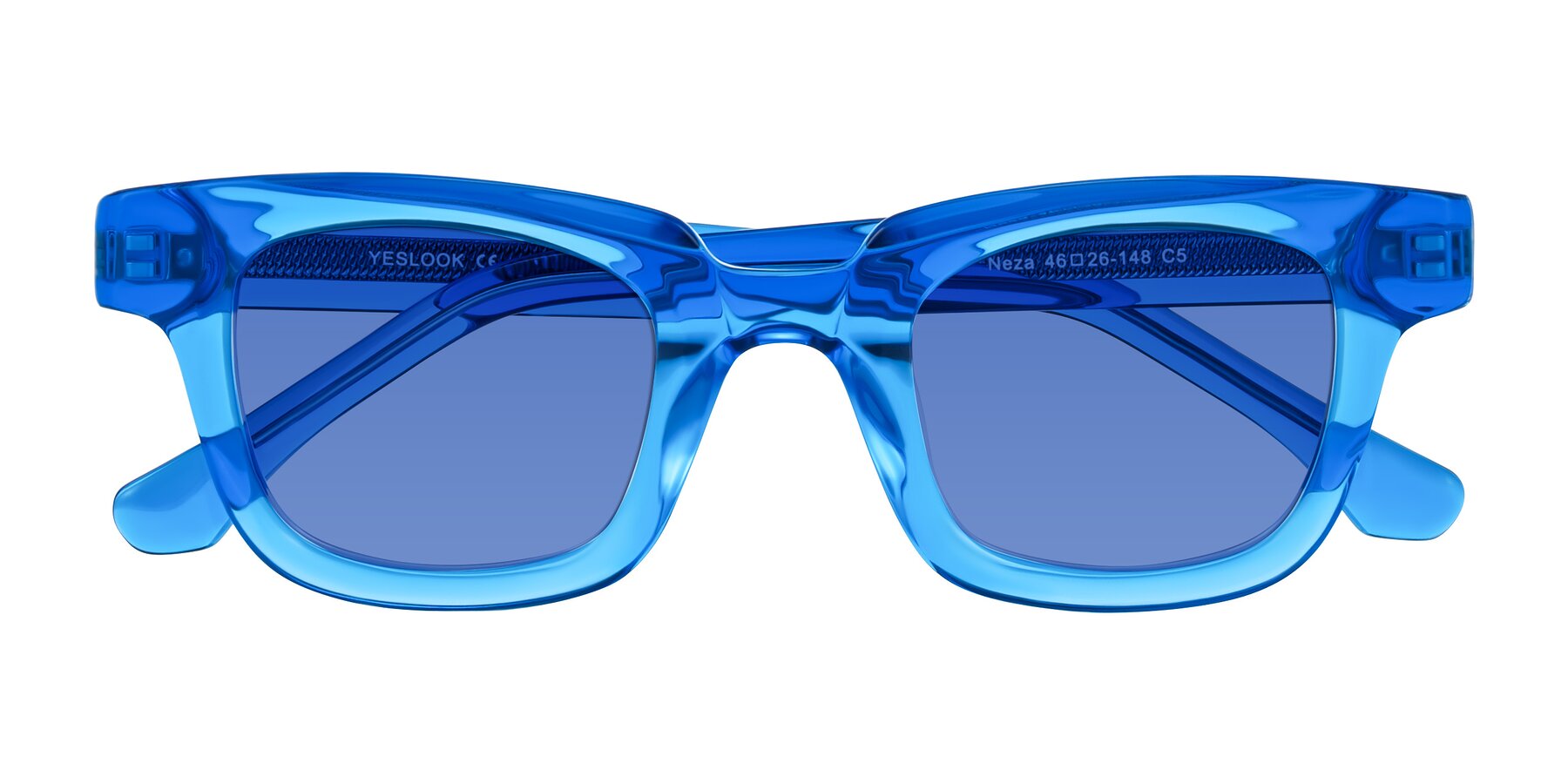 Folded Front of Neza in Blue with Blue Tinted Lenses