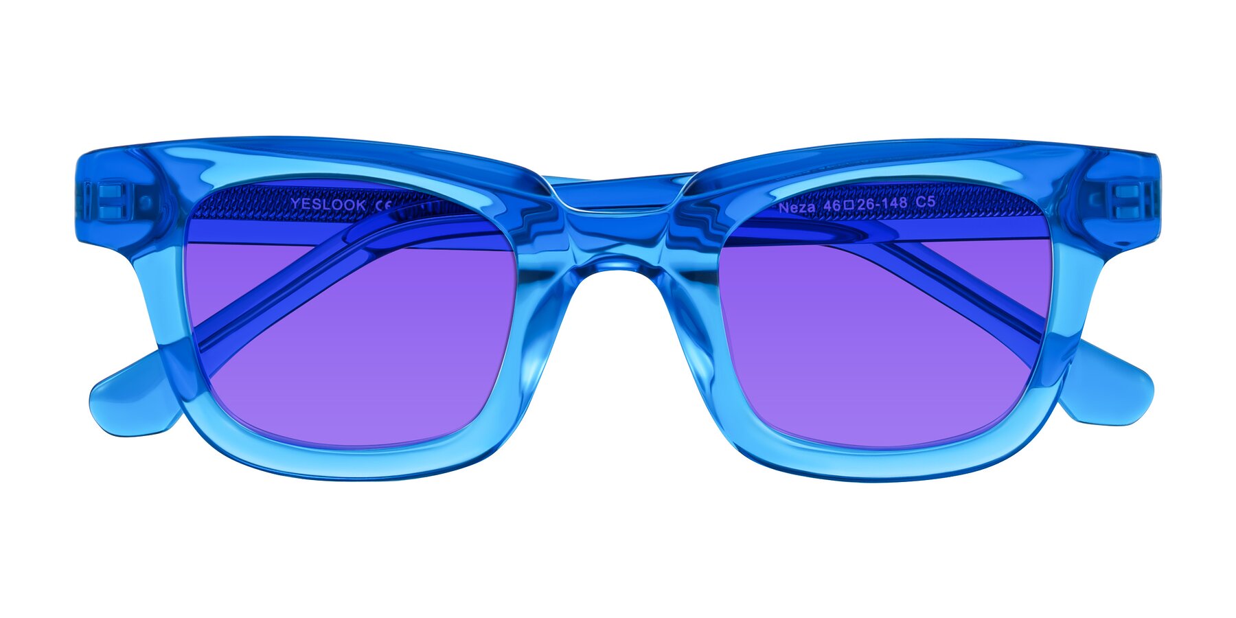 Folded Front of Neza in Blue with Purple Tinted Lenses