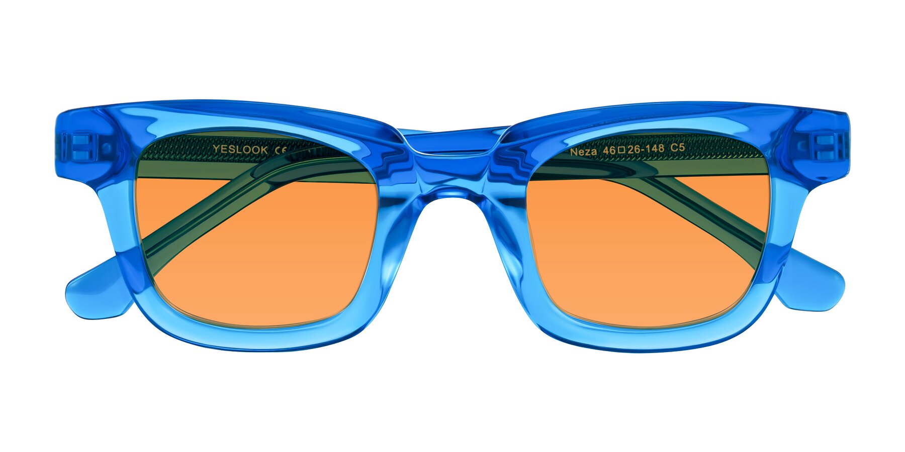 Folded Front of Neza in Blue with Orange Tinted Lenses