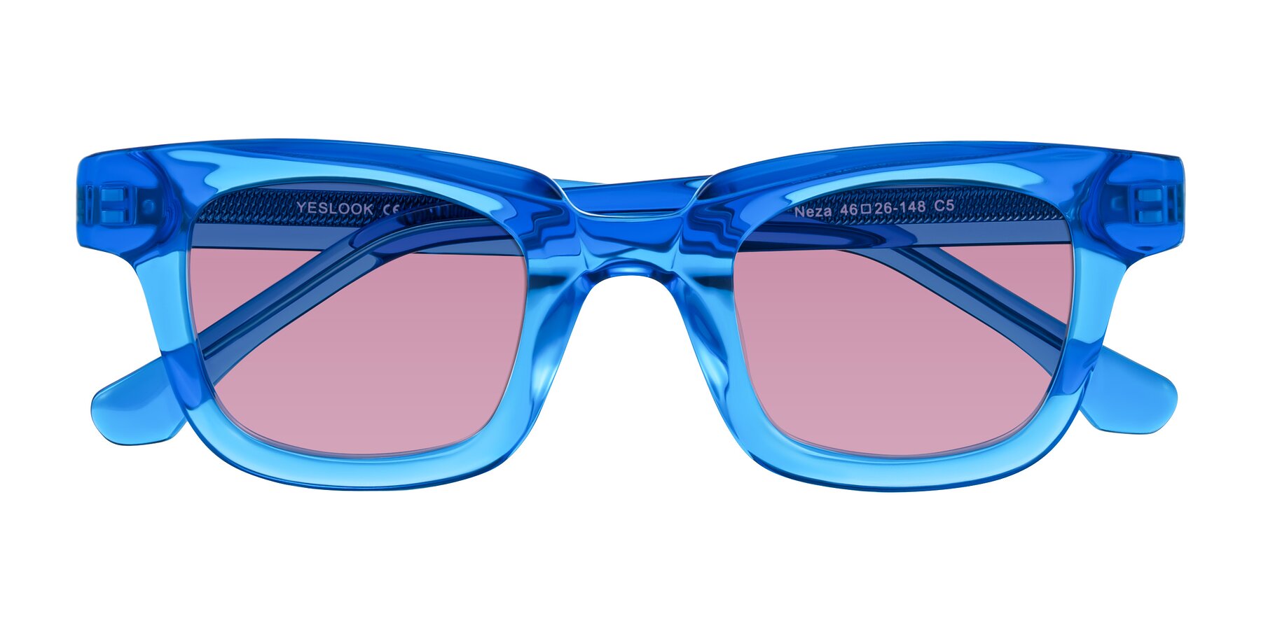 Folded Front of Neza in Blue with Medium Wine Tinted Lenses