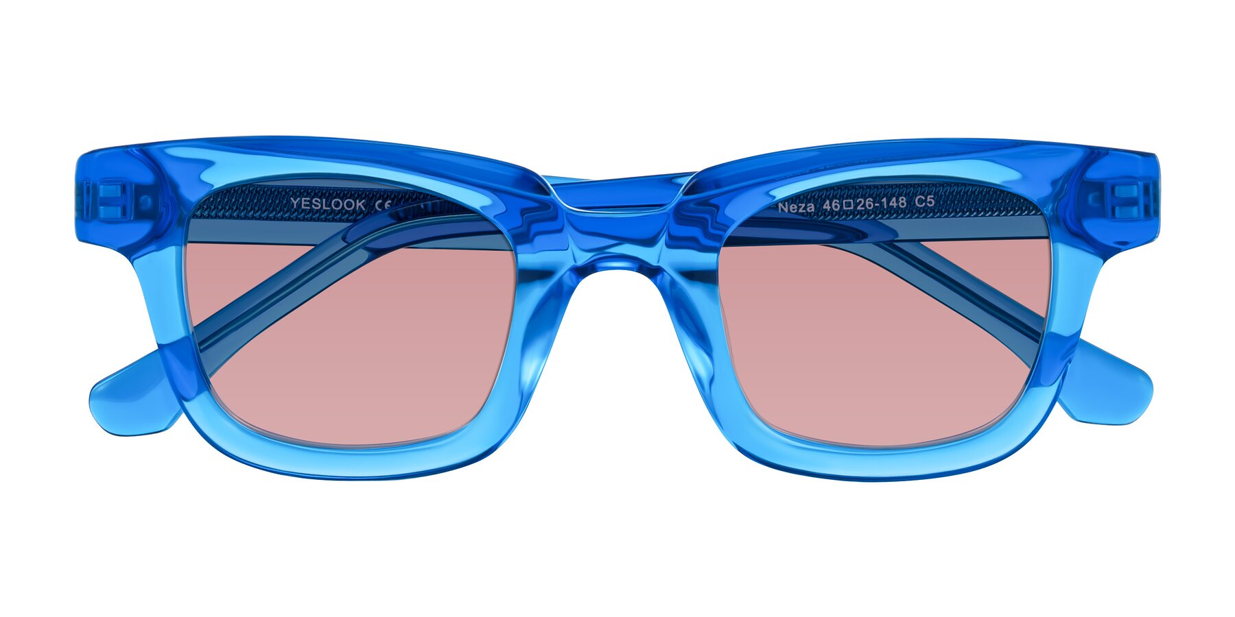 Folded Front of Neza in Blue with Medium Garnet Tinted Lenses
