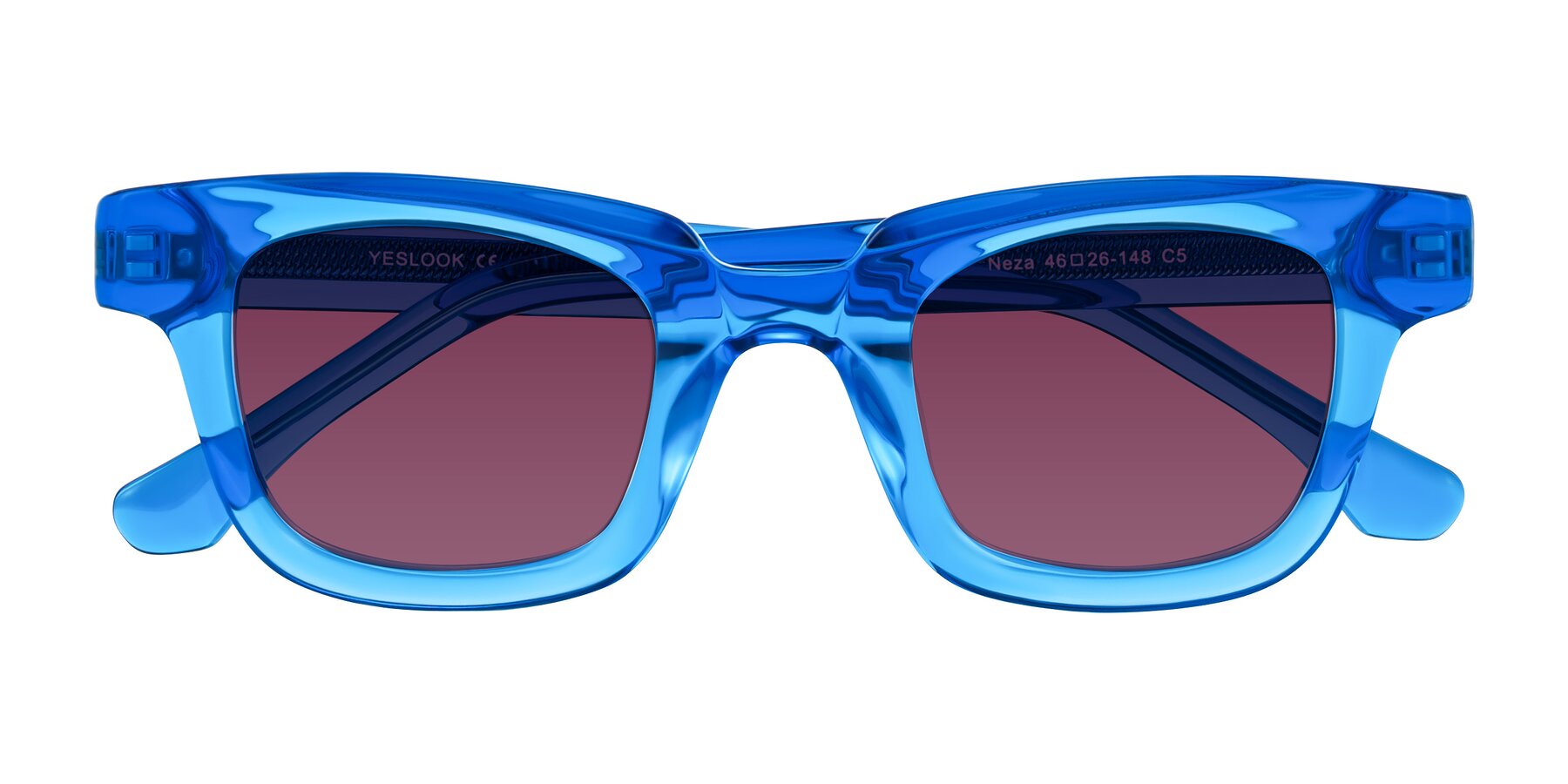 Folded Front of Neza in Blue with Wine Tinted Lenses