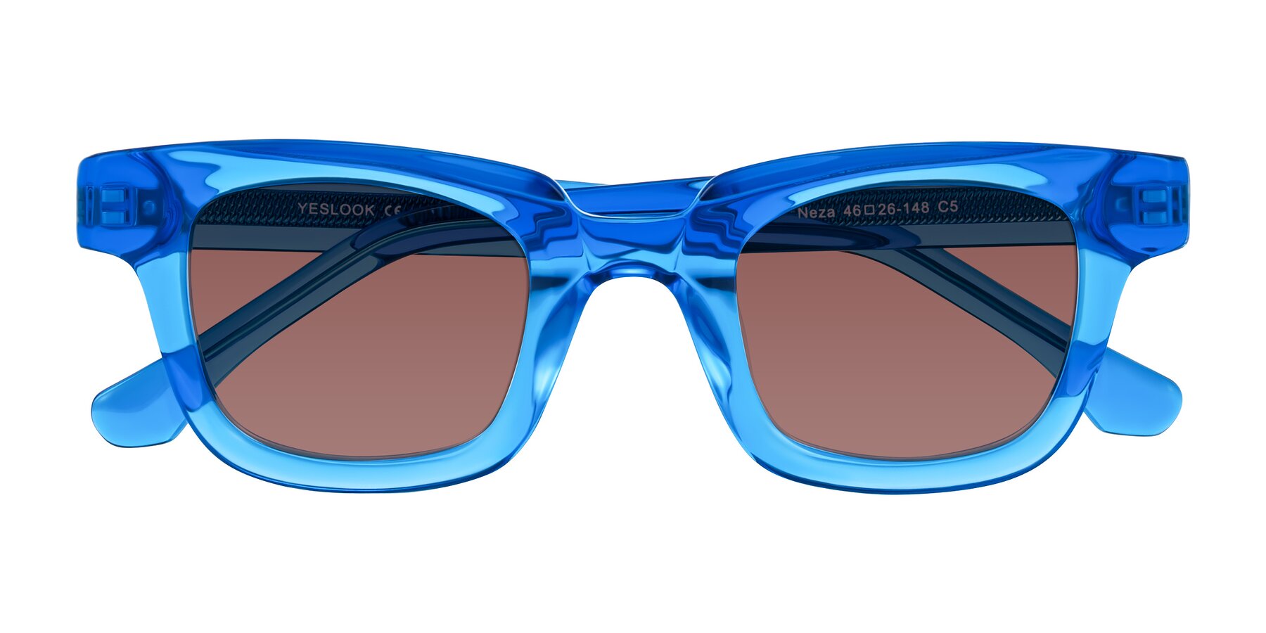 Folded Front of Neza in Blue with Garnet Tinted Lenses