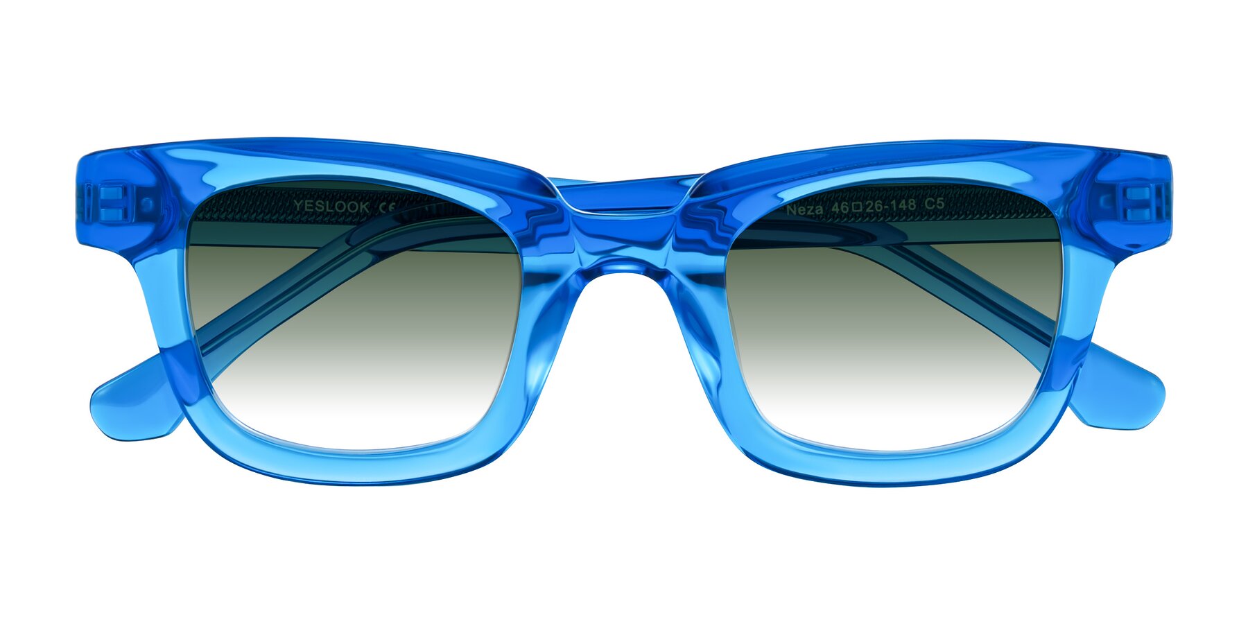 Folded Front of Neza in Blue with Green Gradient Lenses