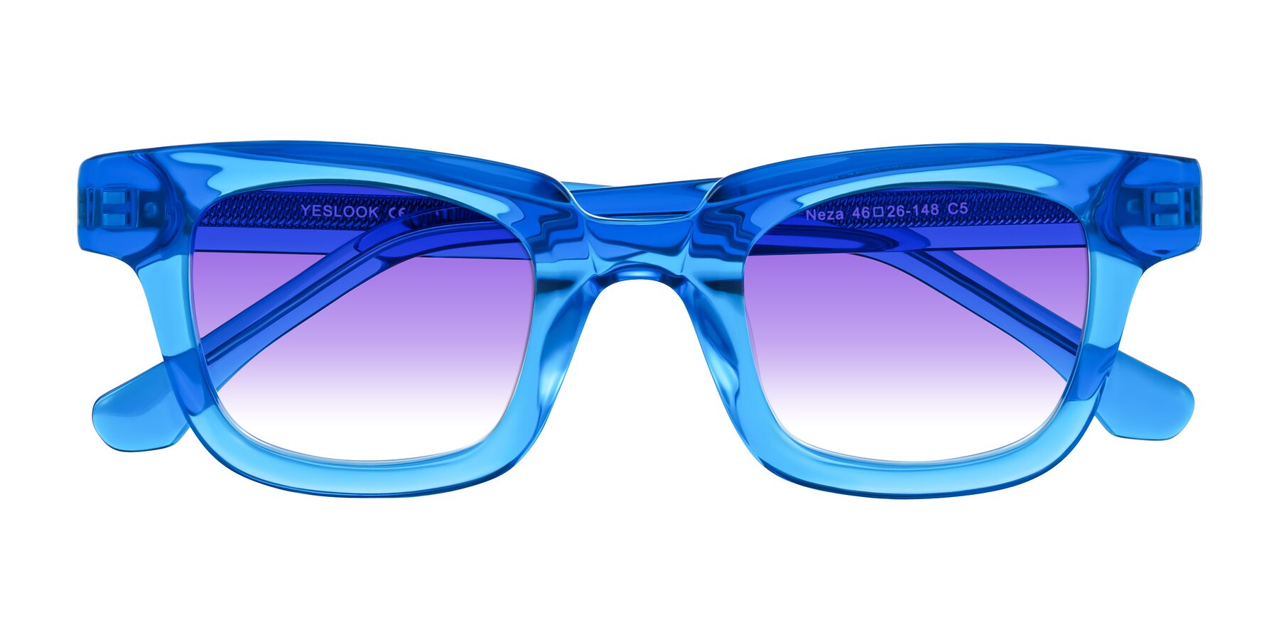 Folded Front of Neza in Blue with Purple Gradient Lenses