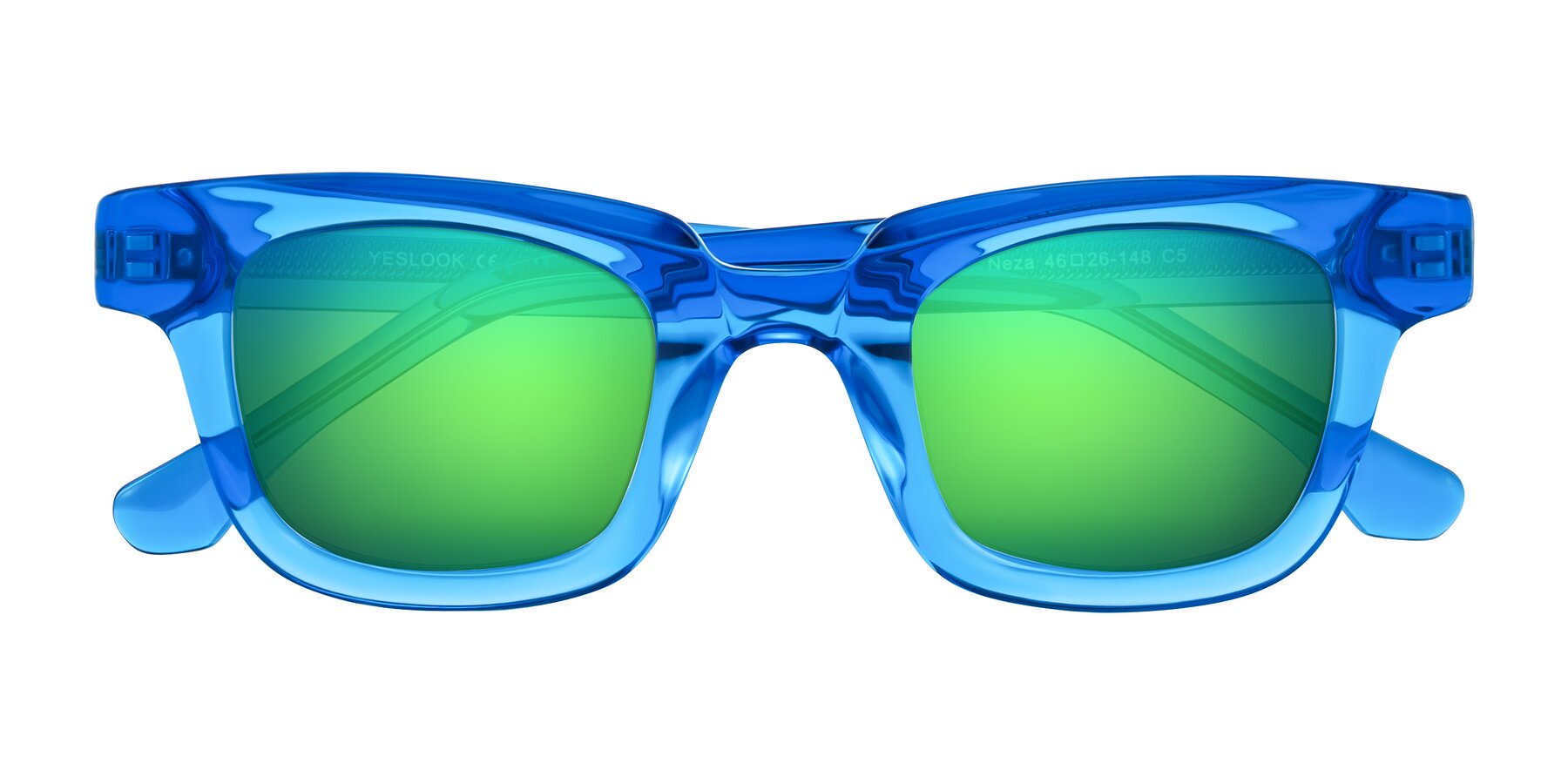 Folded Front of Neza in Blue with Green Mirrored Lenses