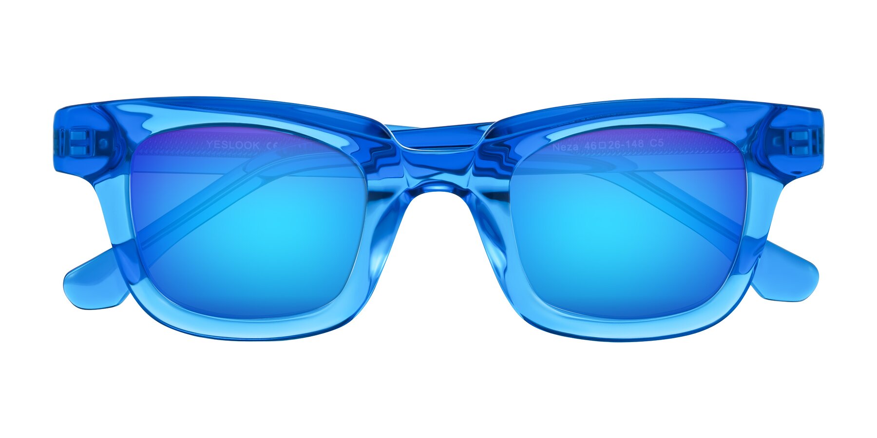 Folded Front of Neza in Blue with Blue Mirrored Lenses