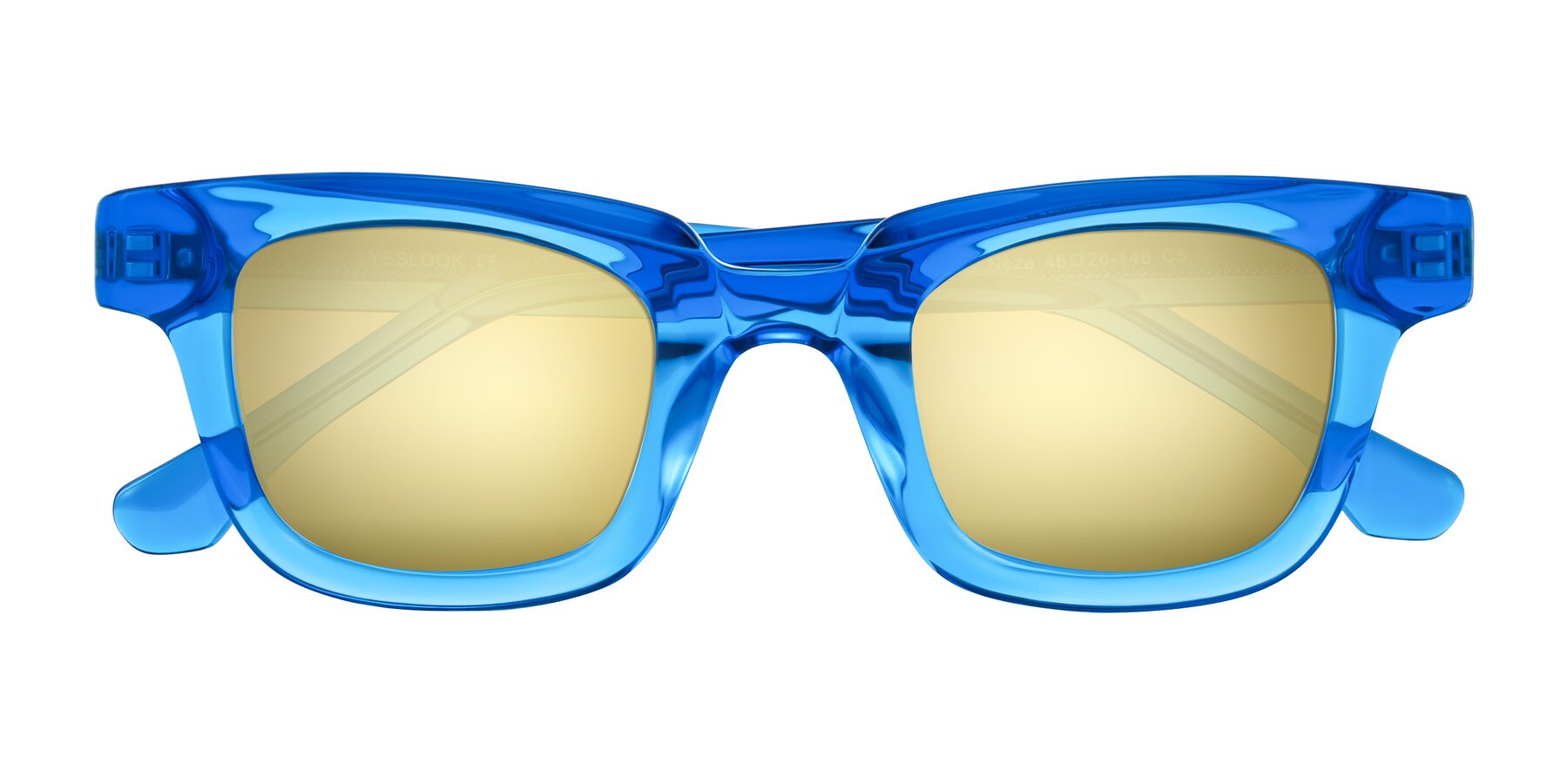 Folded Front of Neza in Blue with Gold Mirrored Lenses