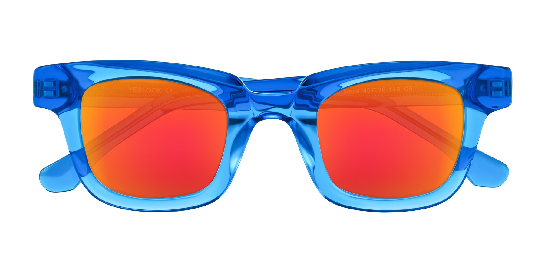 Folded Front of Neza in Blue with Red Gold Mirrored Lenses