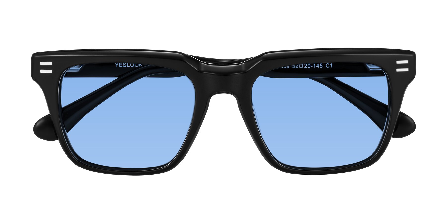 Folded Front of Bliss in Black with Medium Blue Tinted Lenses