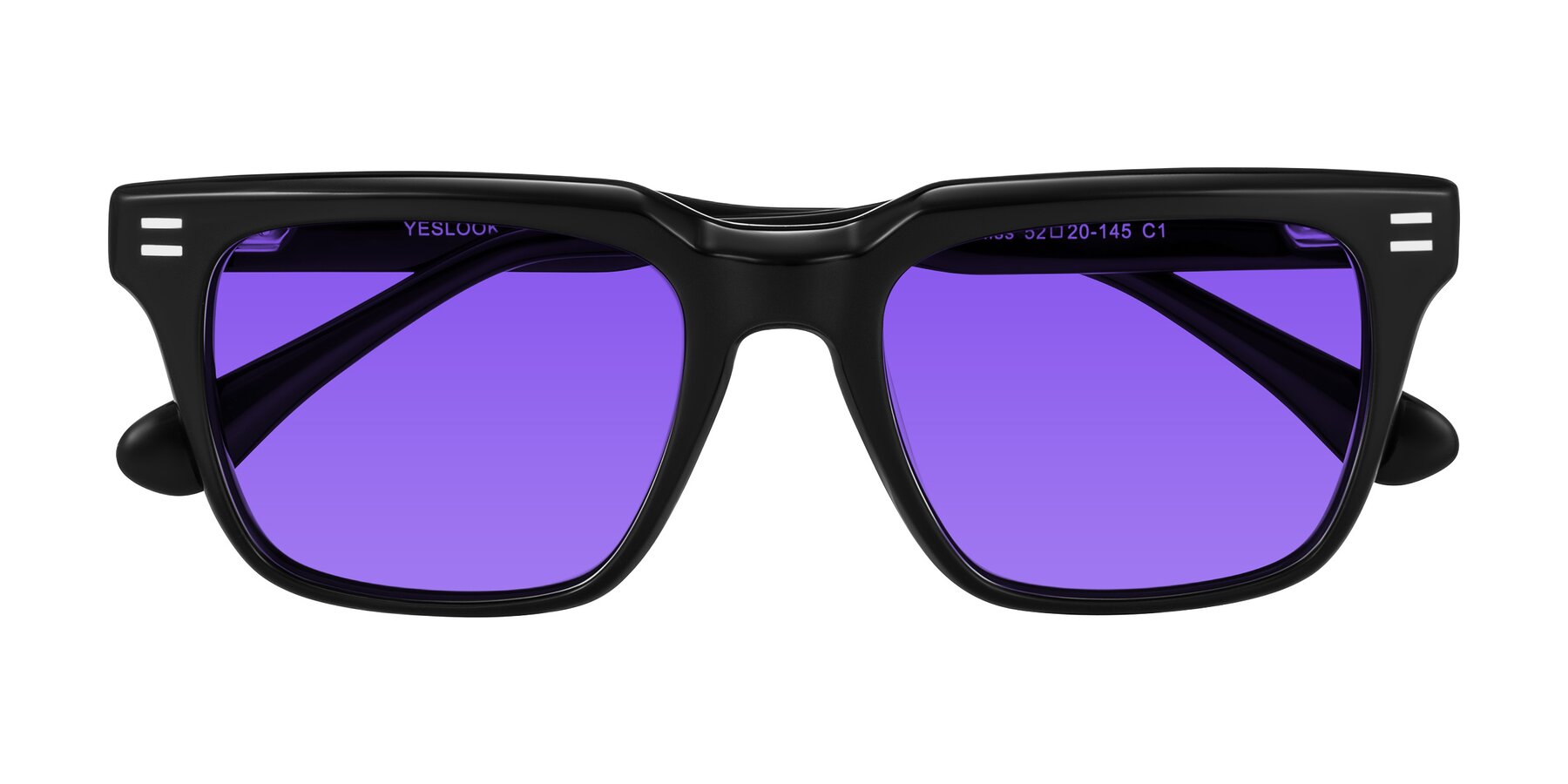 Folded Front of Bliss in Black with Purple Tinted Lenses