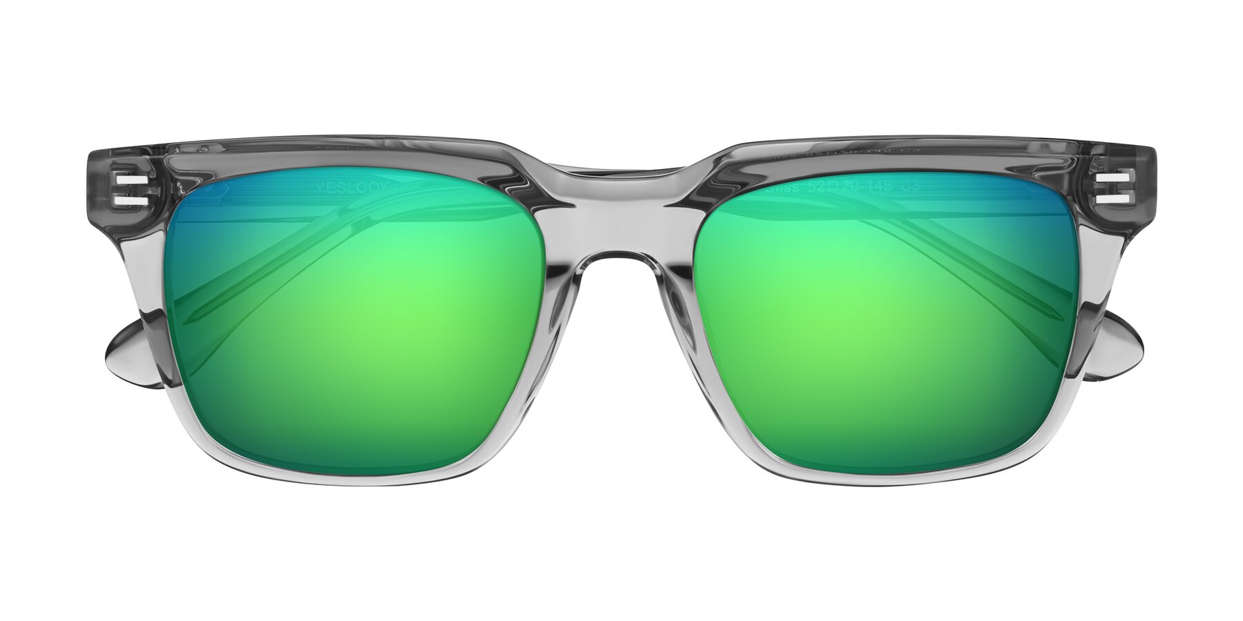 Folded Front of Bliss in Transparent Gray with Green Mirrored Lenses