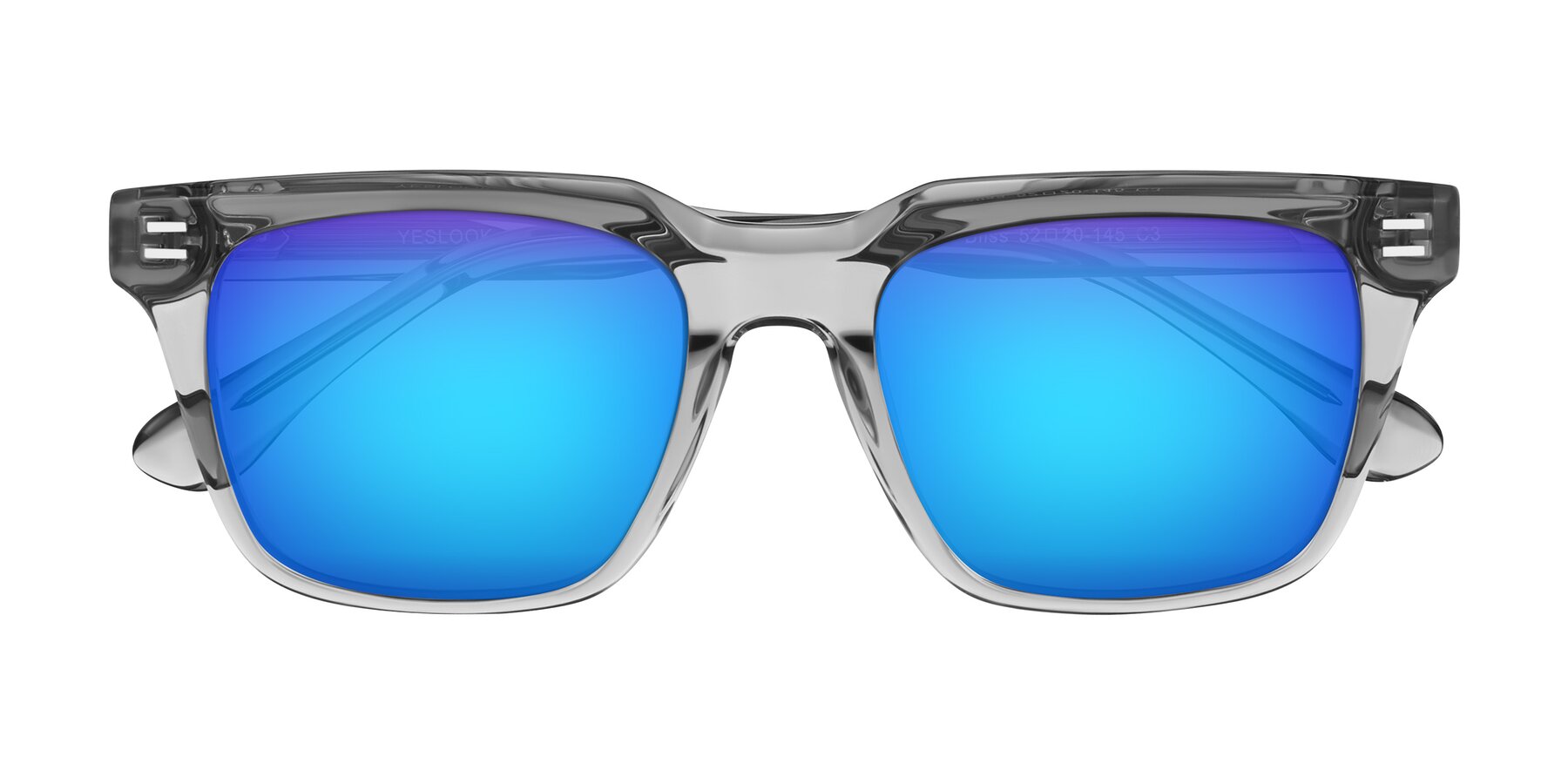 Folded Front of Bliss in Transparent Gray with Blue Mirrored Lenses
