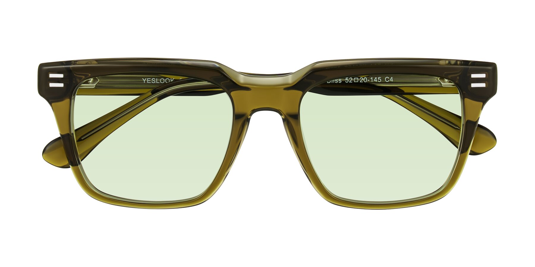Folded Front of Bliss in Olive Brown with Light Green Tinted Lenses