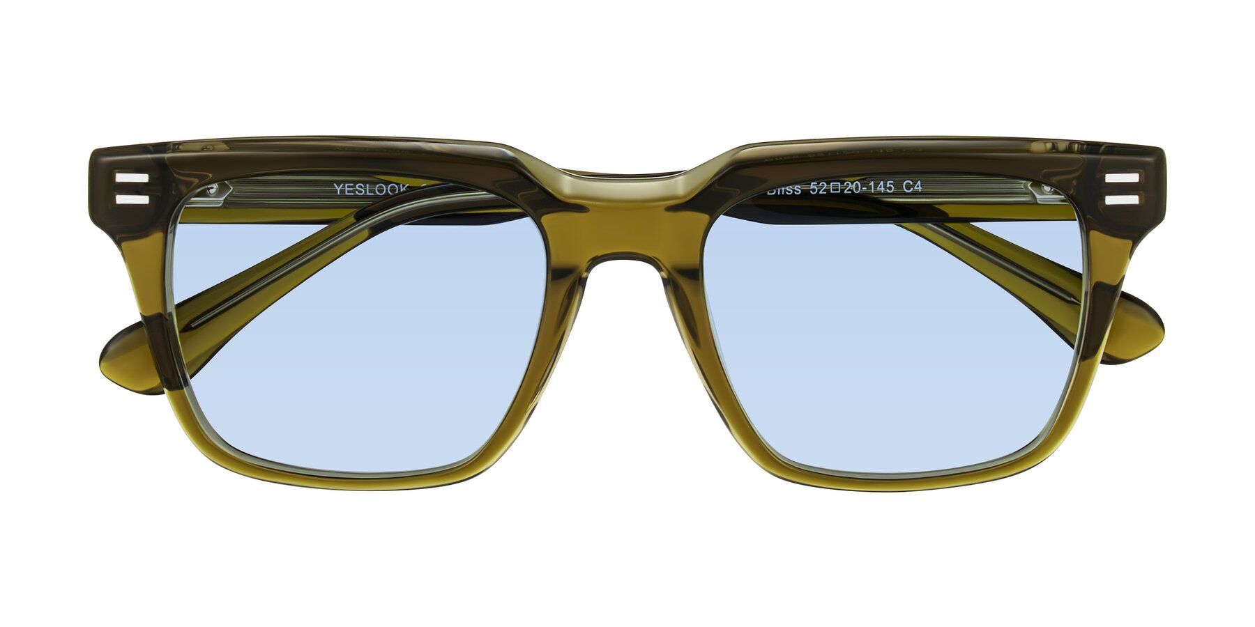 Folded Front of Bliss in Olive Brown with Light Blue Tinted Lenses
