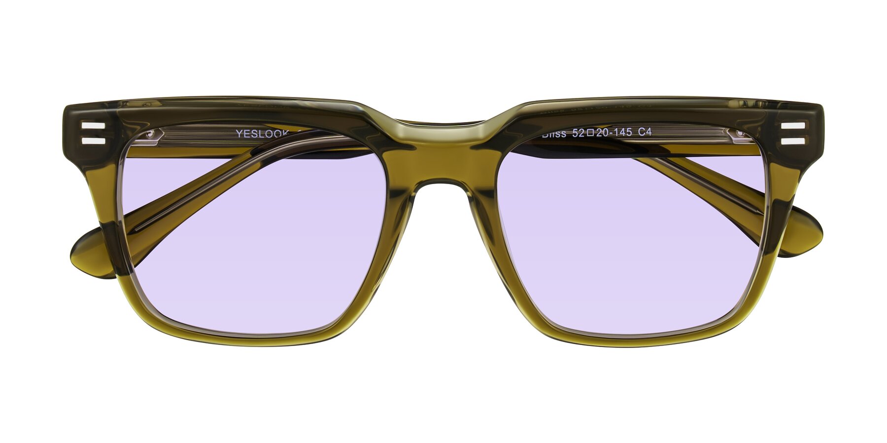 Folded Front of Bliss in Olive Brown with Light Purple Tinted Lenses