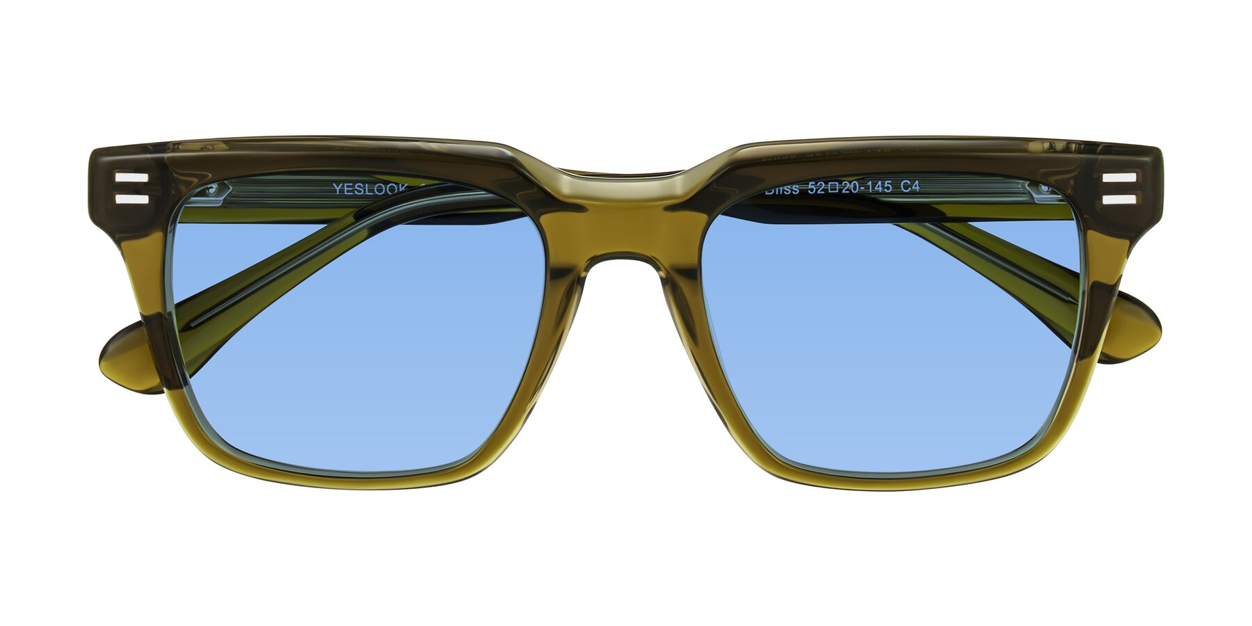 Folded Front of Bliss in Olive Brown with Medium Blue Tinted Lenses