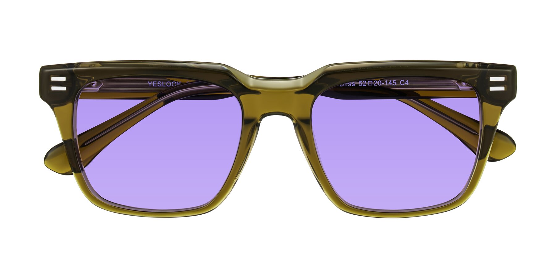 Folded Front of Bliss in Olive Brown with Medium Purple Tinted Lenses