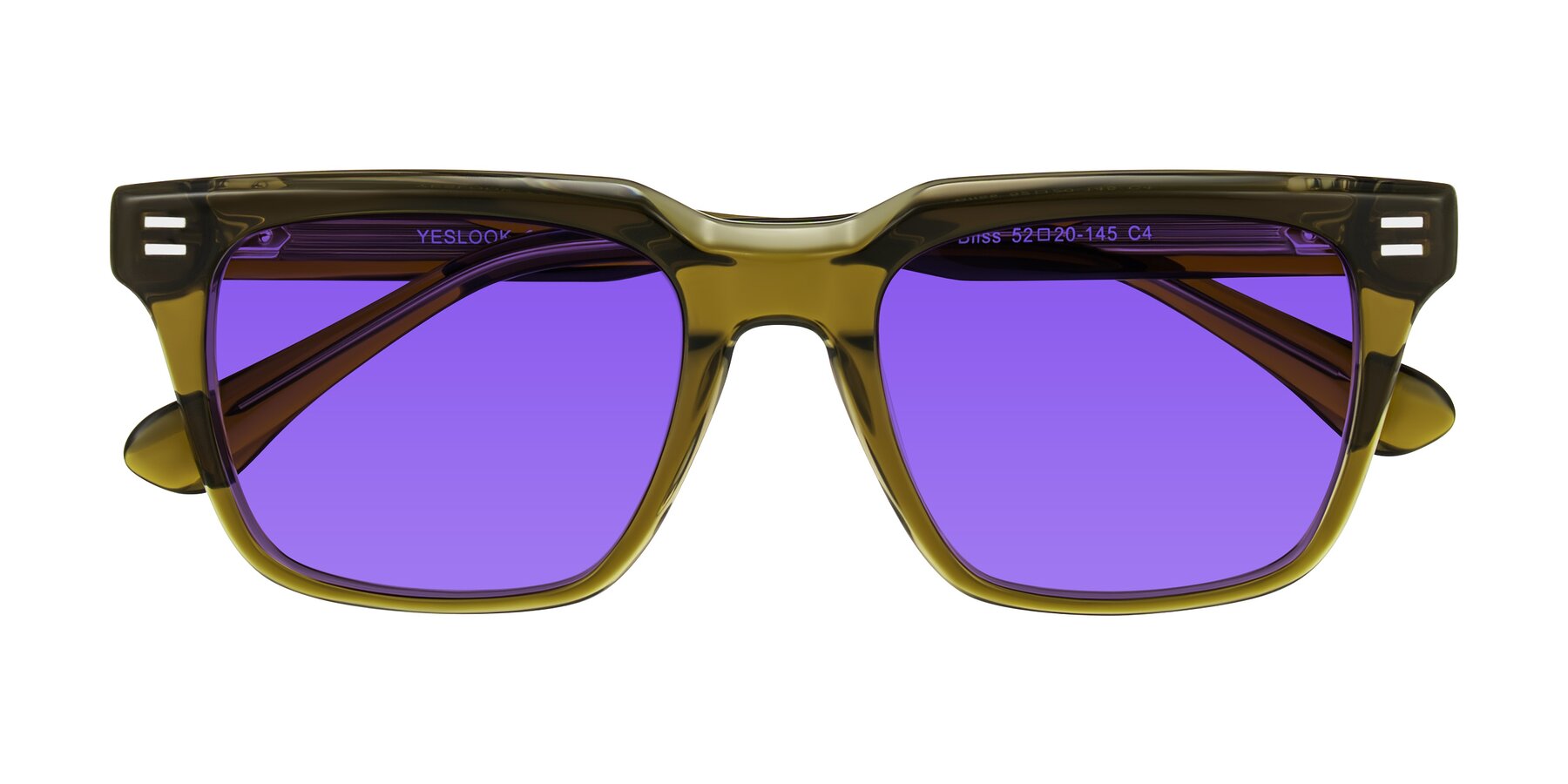 Folded Front of Bliss in Olive Brown with Purple Tinted Lenses