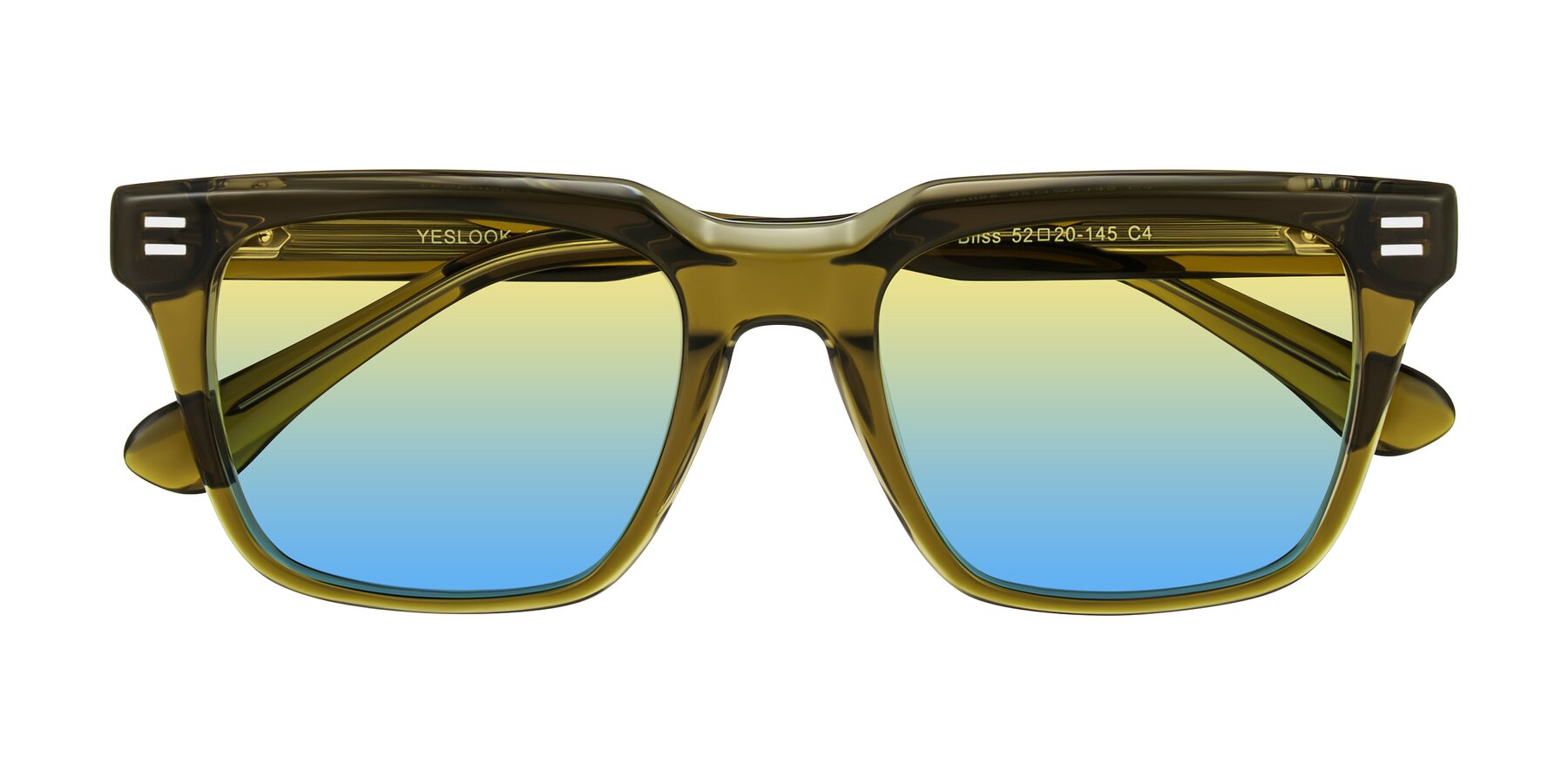 Folded Front of Bliss in Olive Brown with Yellow / Blue Gradient Lenses