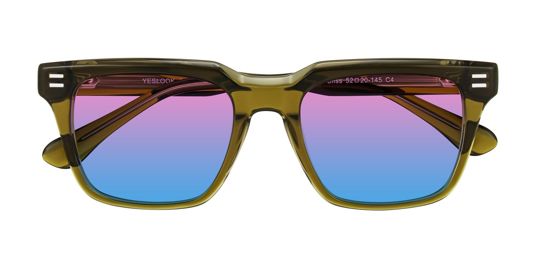 Folded Front of Bliss in Olive Brown with Pink / Blue Gradient Lenses