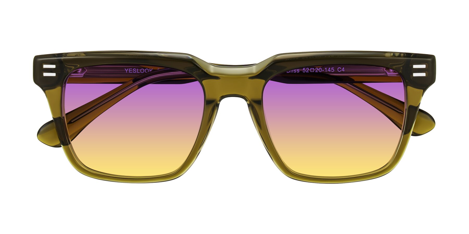 Folded Front of Bliss in Olive Brown with Purple / Yellow Gradient Lenses