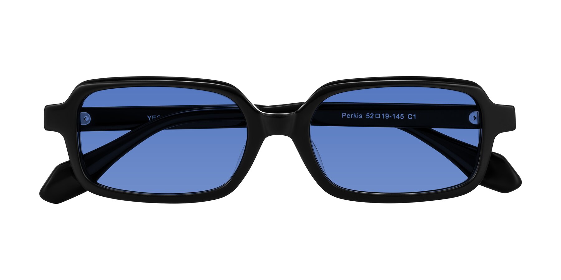 Folded Front of Perkis in Black with Blue Tinted Lenses