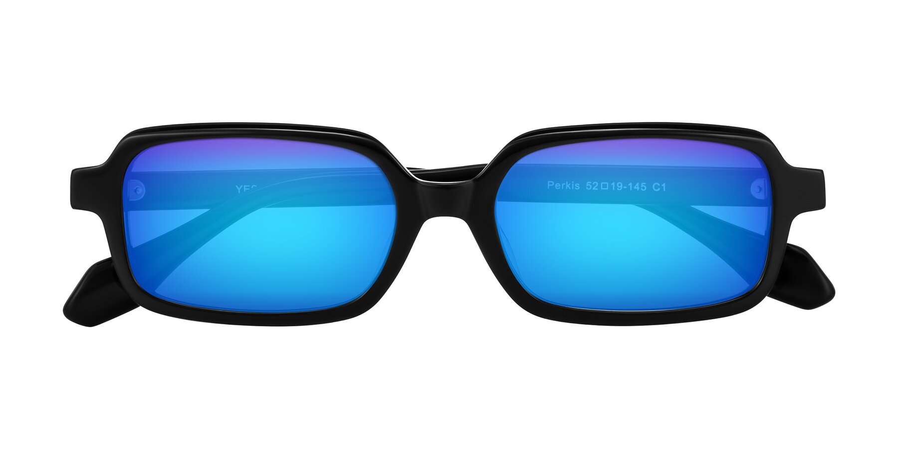 Folded Front of Perkis in Black with Blue Mirrored Lenses