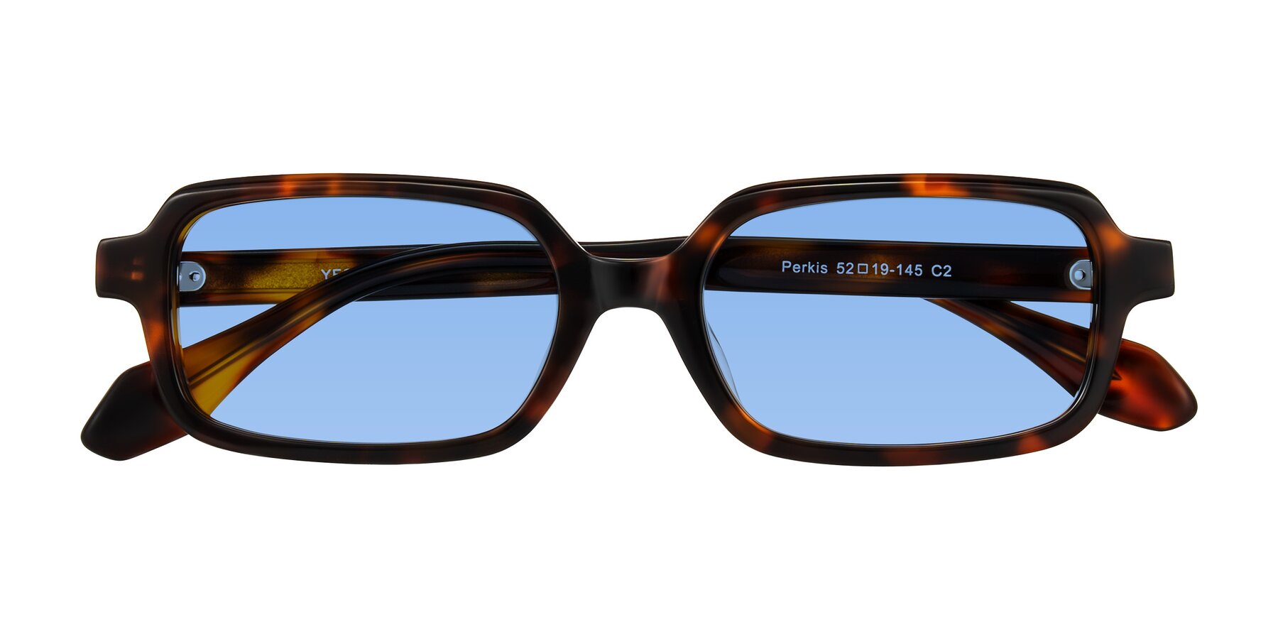 Folded Front of Perkis in Tortoise with Medium Blue Tinted Lenses