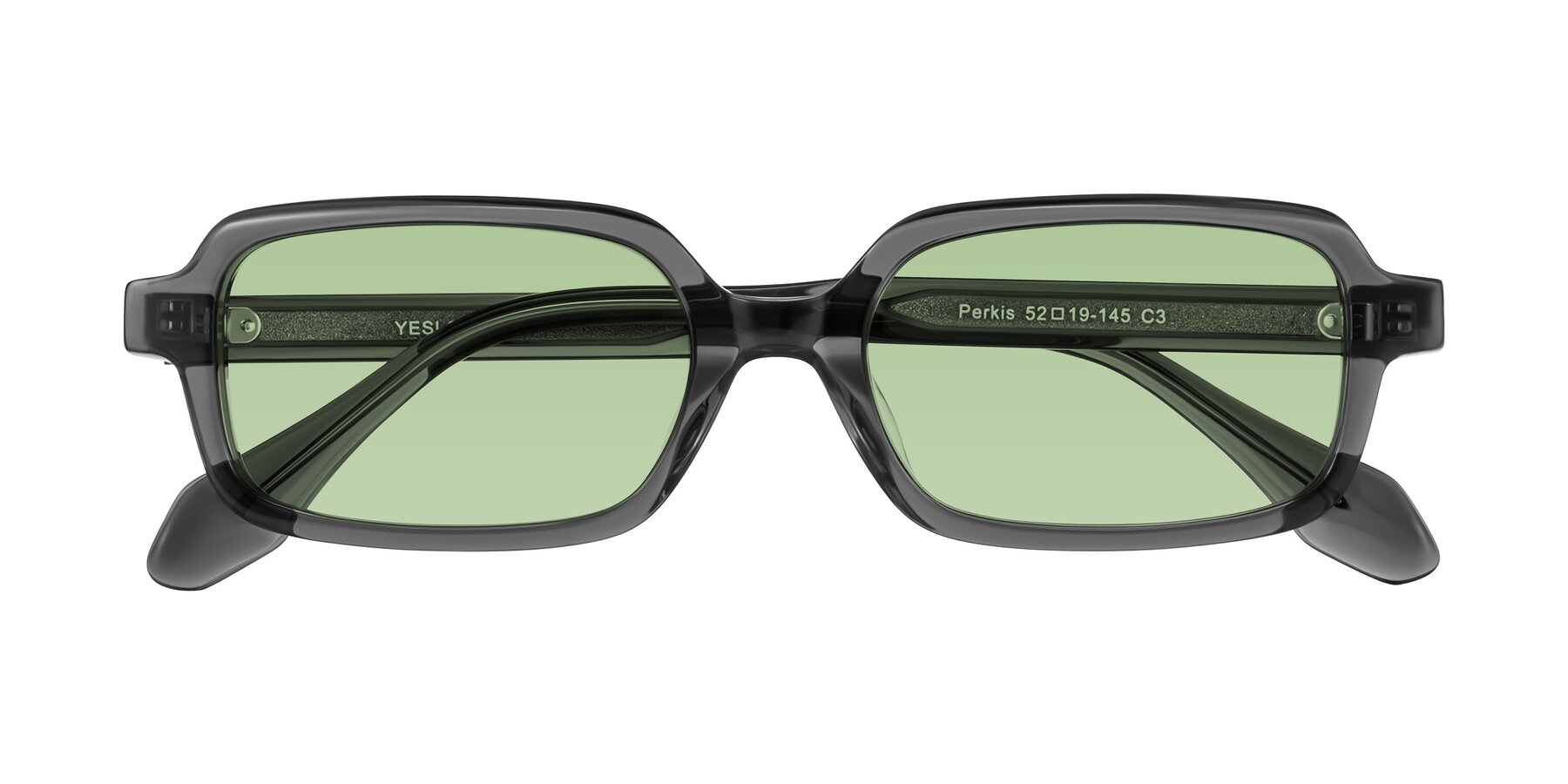 Folded Front of Perkis in Dark Gray with Medium Green Tinted Lenses