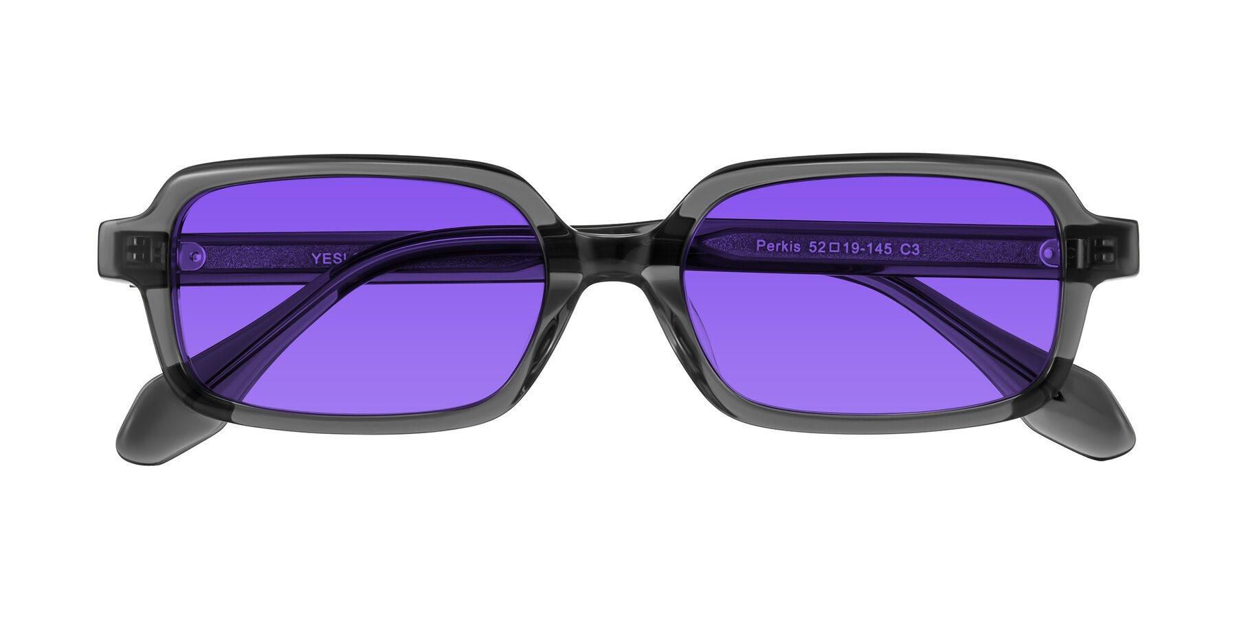 Folded Front of Perkis in Dark Gray with Purple Tinted Lenses