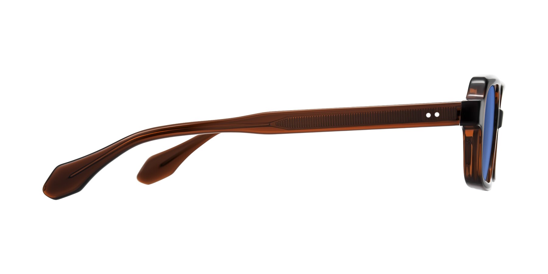 Side of Perkis in Dark Brown with Blue Tinted Lenses