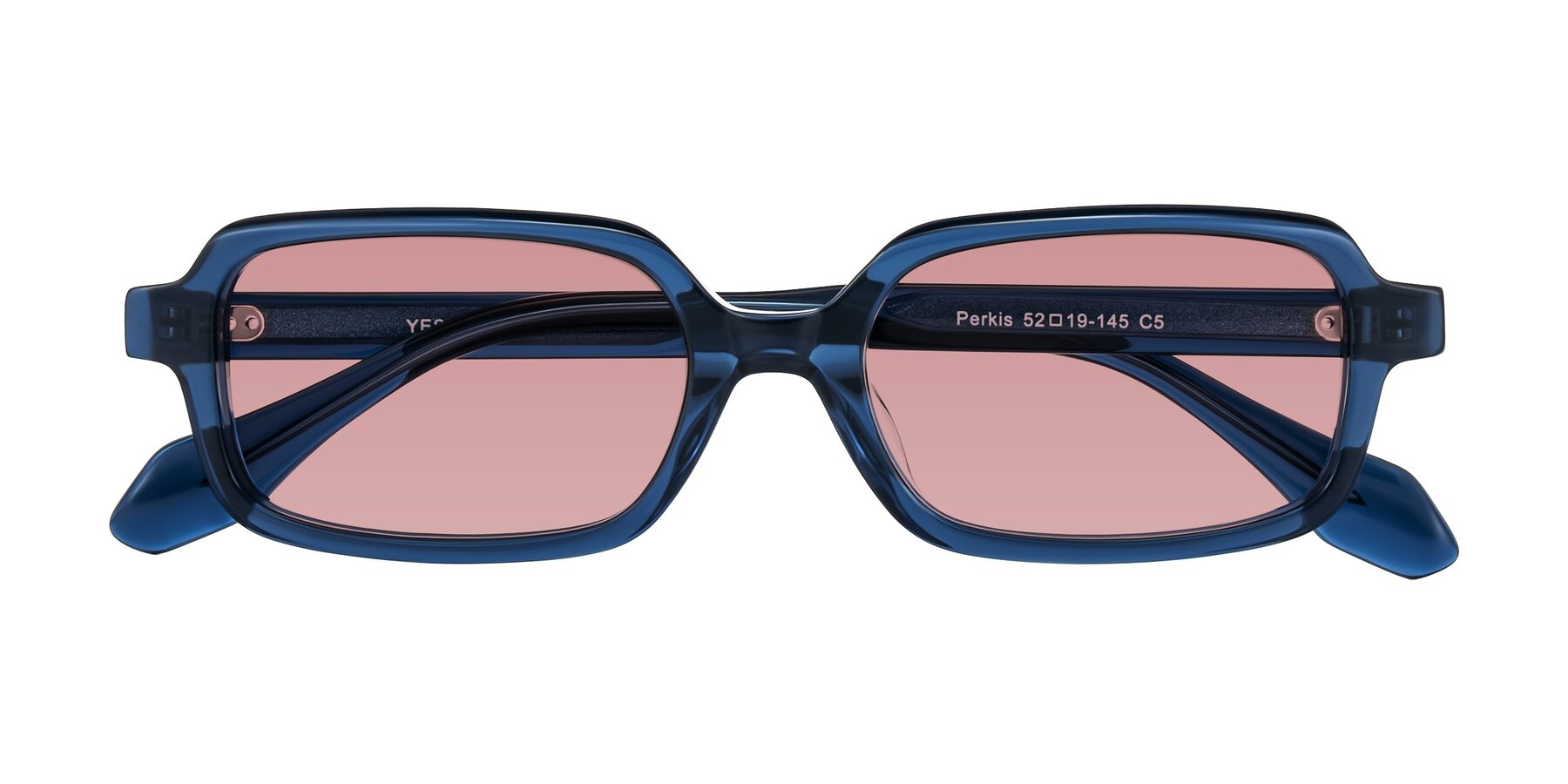Folded Front of Perkis in Blue with Medium Garnet Tinted Lenses