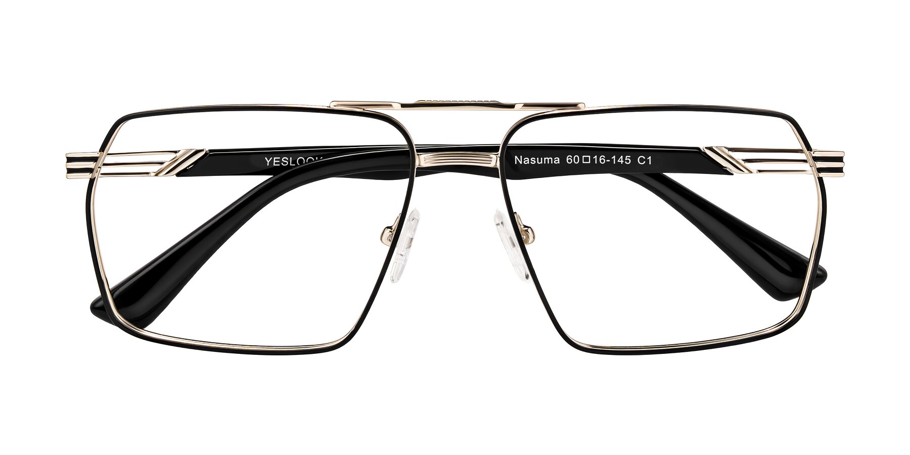 Folded Front of Nasuma in Gold/Black with Clear Eyeglass Lenses