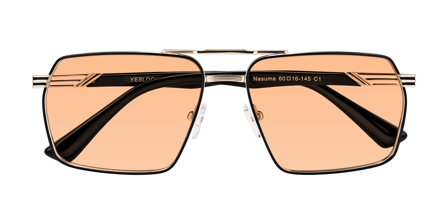 Folded Front of Nasuma in Gold/Black with Light Orange Tinted Lenses