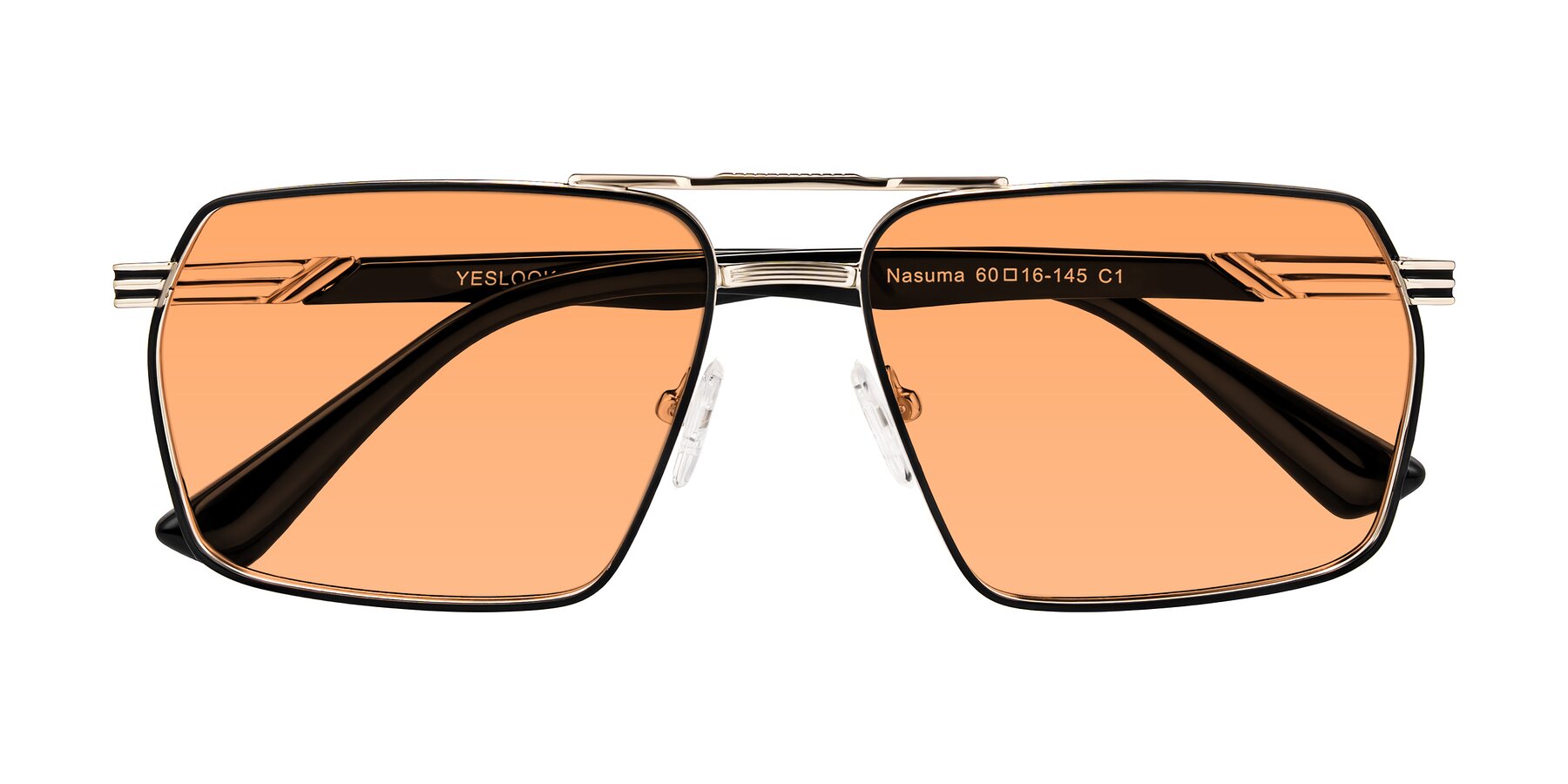 Folded Front of Nasuma in Gold/Black with Medium Orange Tinted Lenses